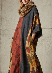 Women Colorblock Print Pockets Cotton Long Dress Fall
