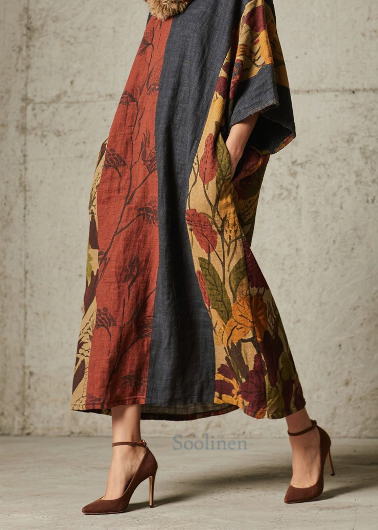 Women Colorblock Print Pockets Cotton Long Dress Fall