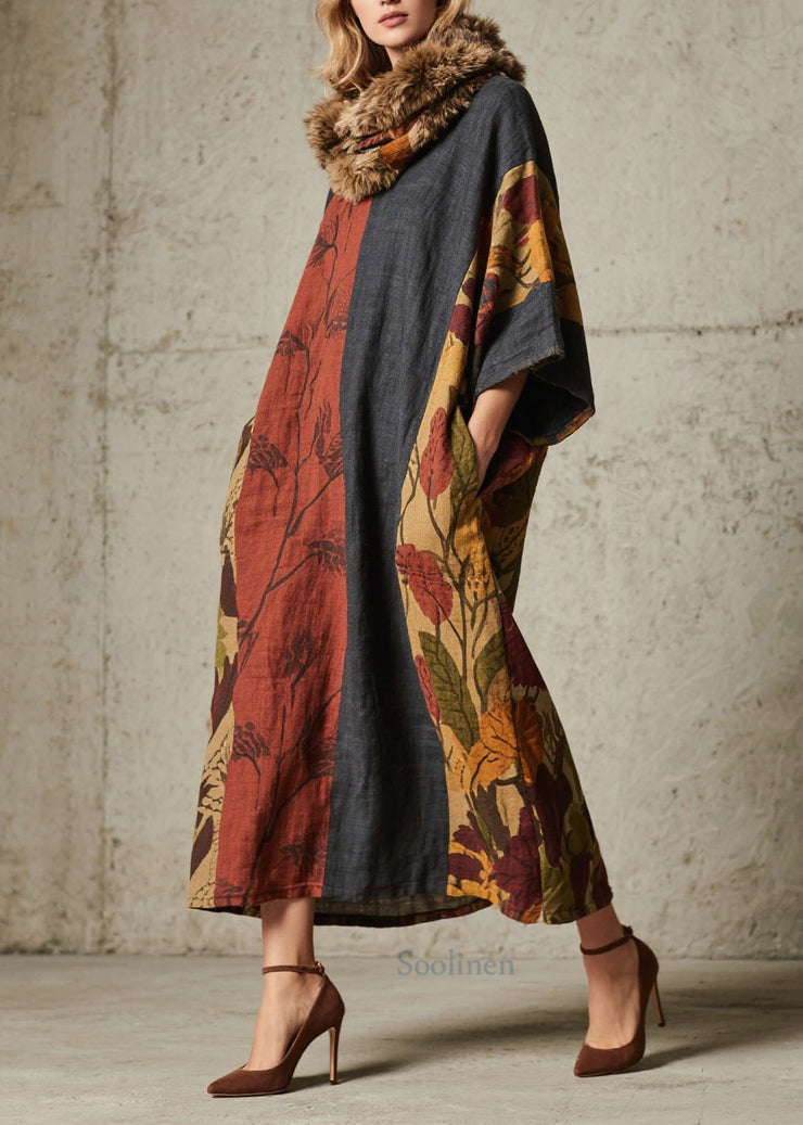 Women Colorblock Print Pockets Cotton Long Dress Fall