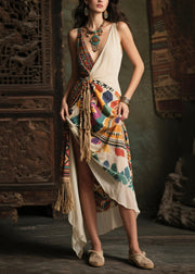 Women Colorblock Tasseled Print Chiffon Cami Dresses Summer