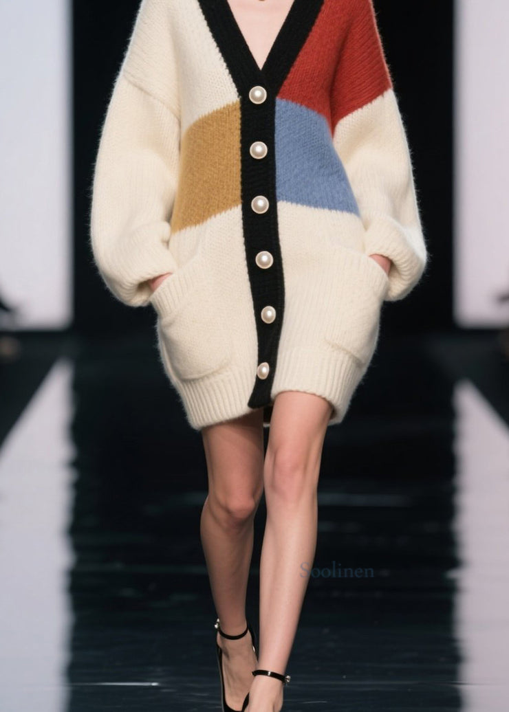 Women Colorblock V Neck Button Patchwork Knit Cardigan Fall