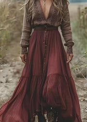 Women Colorblock V-Neck Print Patchwork Cotton Long Dress Spring