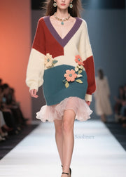Women Colorblock V Neck Tulle Floral Knit Sweater Dress Fall