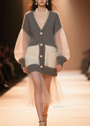 Women Colorblock V Neck Tulle Patchwork Knit Cardigans Fall