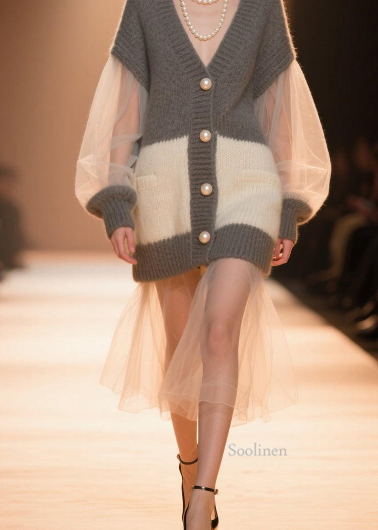 Women Colorblock V Neck Tulle Patchwork Knit Cardigans Fall