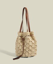 Women CrossBody Solid Durable Straw Woven Bucket Bag