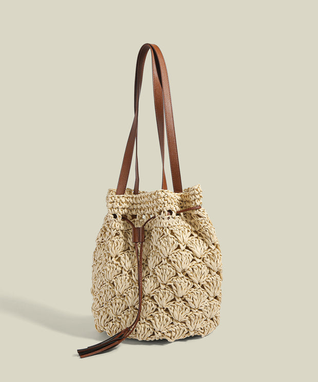 Women CrossBody Solid Durable Straw Woven Bucket Bag