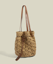 Women CrossBody Solid Durable Straw Woven Bucket Bag