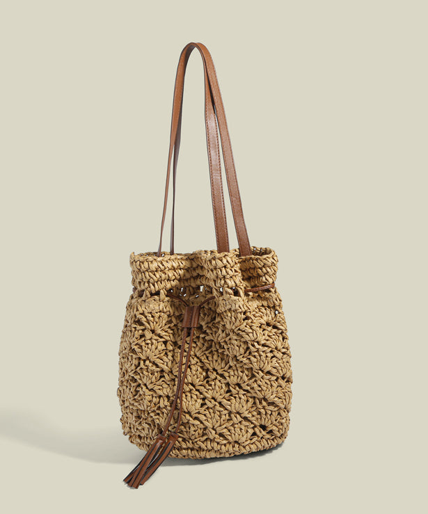 Women CrossBody Solid Durable Straw Woven Bucket Bag