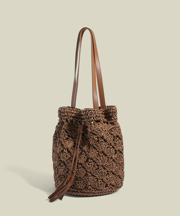 Women CrossBody Solid Durable Straw Woven Bucket Bag