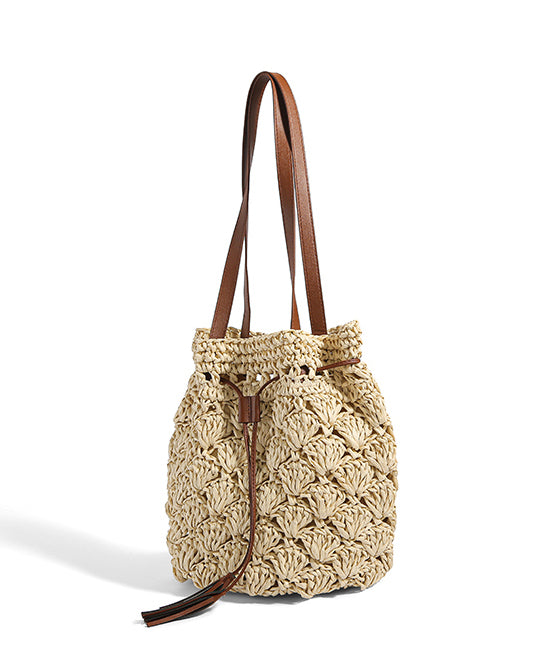 Women CrossBody Solid Durable Straw Woven Bucket Bag