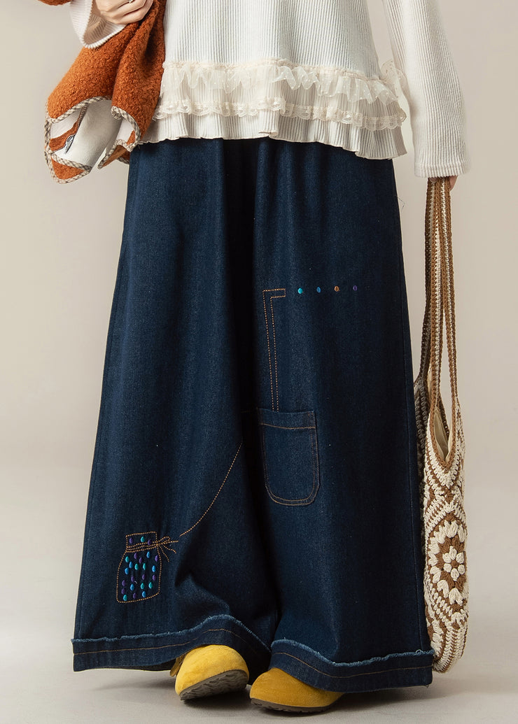 Women Dark Blue Pockets Print Patchwork Denim Pants Winter