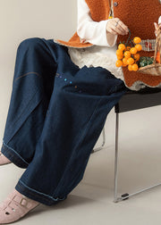 Women Dark Blue Pockets Print Patchwork Denim Pants Winter