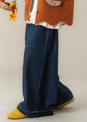 Women Dark Blue Pockets Print Patchwork Denim Pants Winter