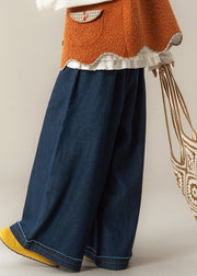 Women Dark Blue Pockets Print Patchwork Denim Pants Winter