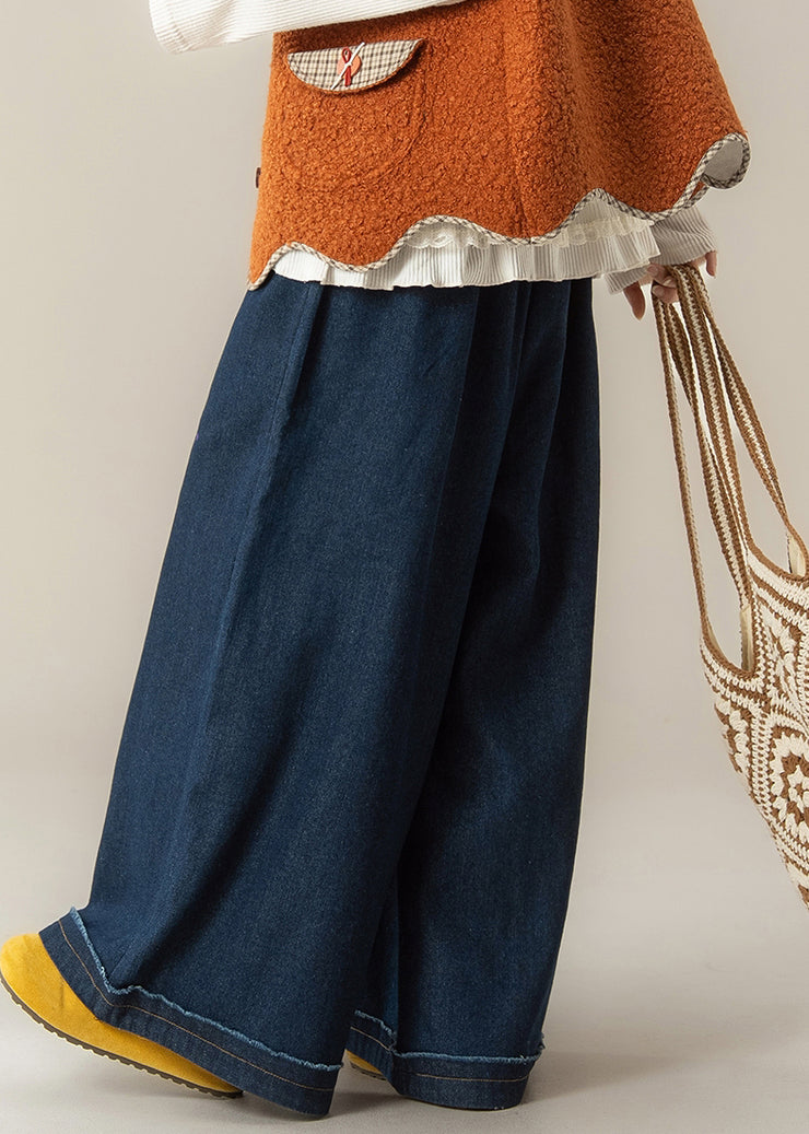 Women Dark Blue Pockets Print Patchwork Denim Pants Winter