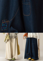 Women Dark Blue Pockets Print Patchwork Denim Pants Winter