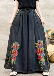 Women Dark Grey Embroidered Tie Waist Wide Leg Pants
