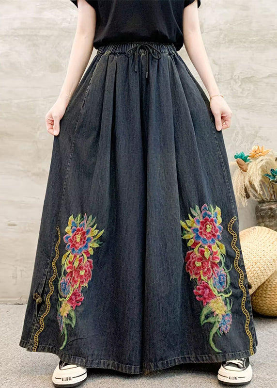 Women Dark Grey Embroidered Tie Waist Wide Leg Pants