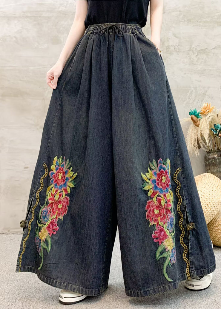 Women Dark Grey Embroidered Tie Waist Wide Leg Pants