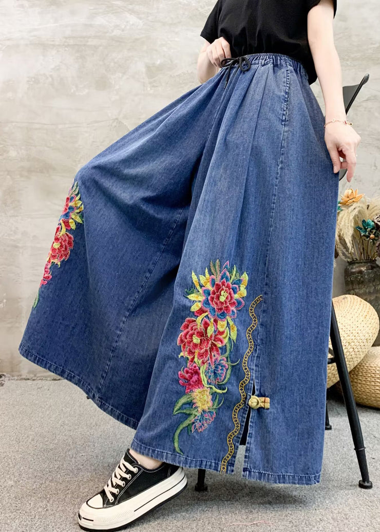 Women Dark Grey Embroidered Tie Waist Wide Leg Pants