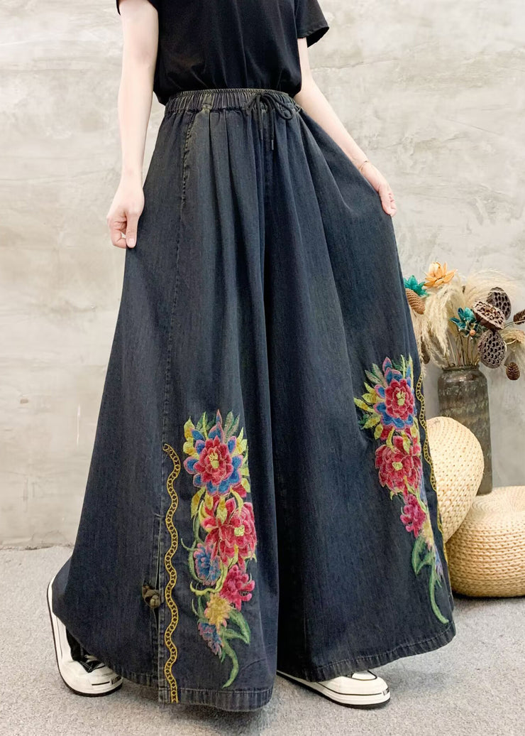 Women Dark Grey Embroidered Tie Waist Wide Leg Pants