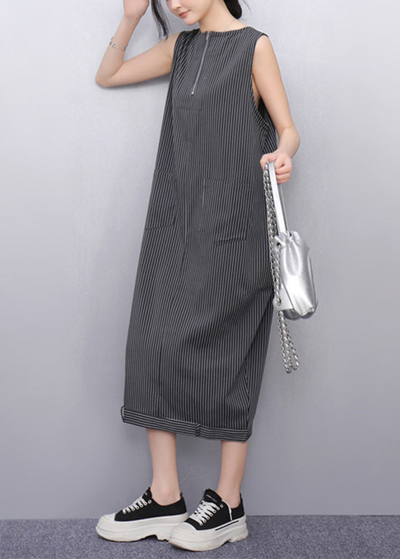 Women Dark Grey Striped Pockets Long Dresses Sleeveless