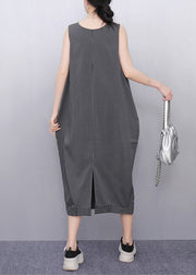 Women Dark Grey Striped Pockets Long Dresses Sleeveless