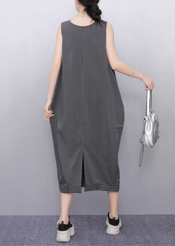 Women Dark Grey Striped Pockets Long Dresses Sleeveless