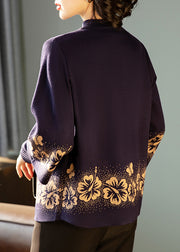 Women Dark Purple Print Cotton Knit Cardigans And Sweaters Two Pieces Set Three Quarter Sleeve