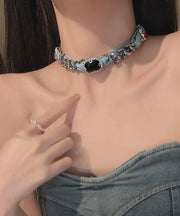Women Denim Blue Metal Denim Crystal Chain Collar Necklace