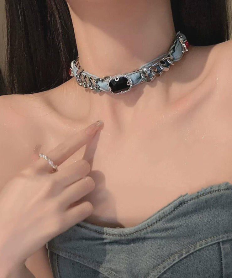 Women Denim Blue Metal Denim Crystal Chain Collar Necklace