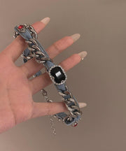 Women Denim Blue Metal Denim Crystal Chain Collar Necklace