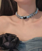Women Denim Blue Metal Denim Crystal Chain Collar Necklace