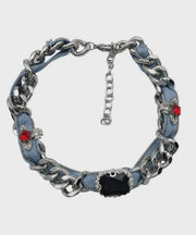 Women Denim Blue Metal Denim Crystal Chain Collar Necklace