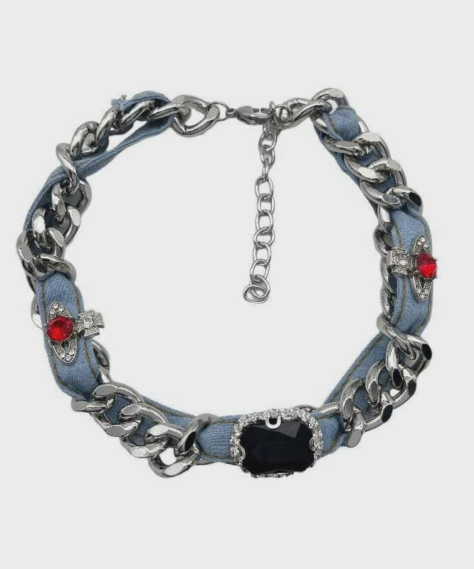 Women Denim Blue Metal Denim Crystal Chain Collar Necklace