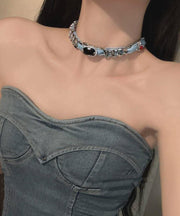 Women Denim Blue Metal Denim Crystal Chain Collar Necklace