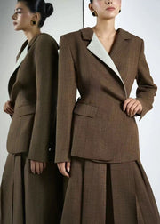Women Elegant Brown Peter Pan Collar Patchwork Suit Coats Fall