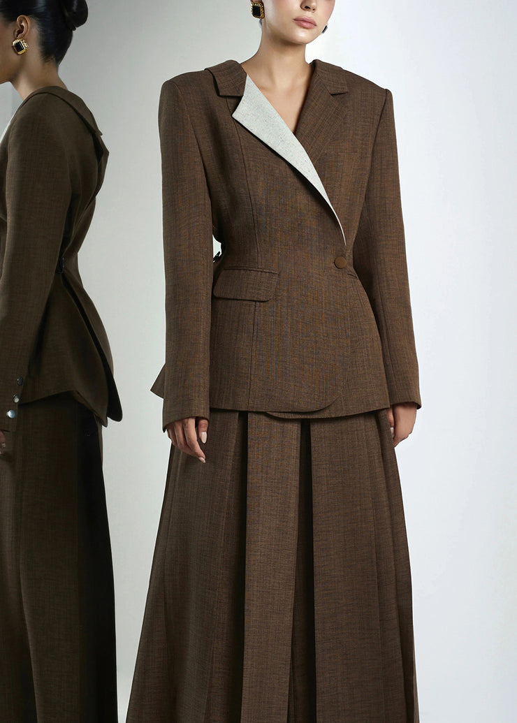 Women Elegant Brown Peter Pan Collar Patchwork Suit Coats Fall