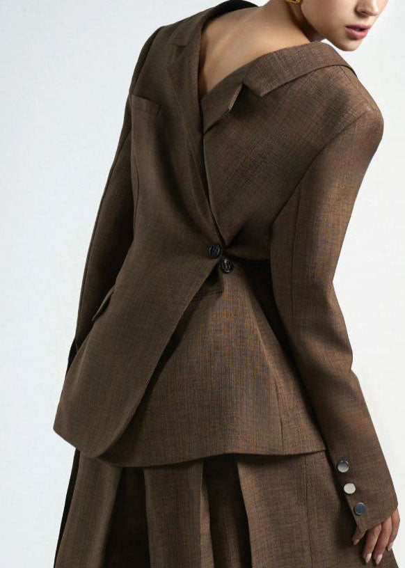 Women Elegant Brown Peter Pan Collar Patchwork Suit Coats Fall