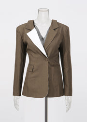 Women Elegant Brown Peter Pan Collar Patchwork Suit Coats Fall
