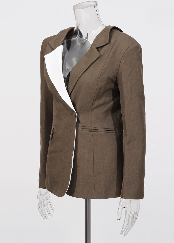 Women Elegant Brown Peter Pan Collar Patchwork Suit Coats Fall