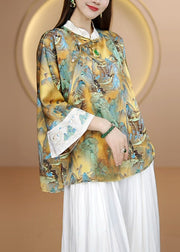 Women Embroidered Chinese Button Patchwork Silk Shirt Tops Fall