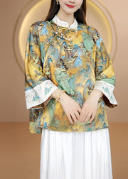 Women Embroidered Chinese Button Patchwork Silk Shirt Tops Fall