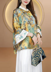 Women Embroidered Chinese Button Patchwork Silk Shirt Tops Fall