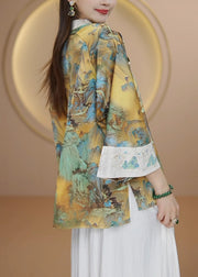Women Embroidered Chinese Button Patchwork Silk Shirt Tops Fall