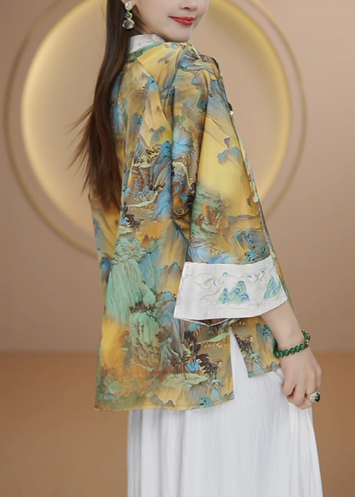 Women Embroidered Chinese Button Patchwork Silk Shirt Tops Fall