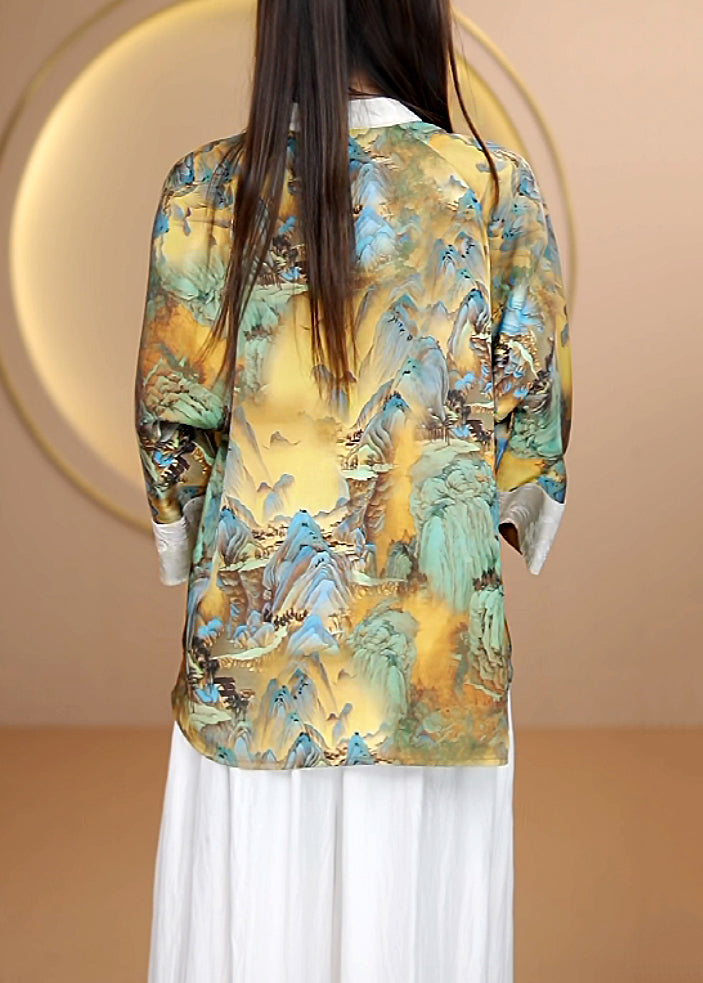 Women Embroidered Chinese Button Patchwork Silk Shirt Tops Fall