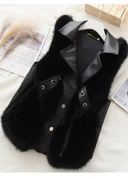 Women Faux Fox Fur Patchwork Faux Leather Vest Tops Winter