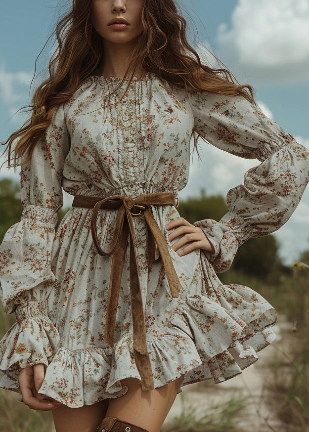 Women Floral Pastoral Style Ruffled Mini Dresses Long Sleeve